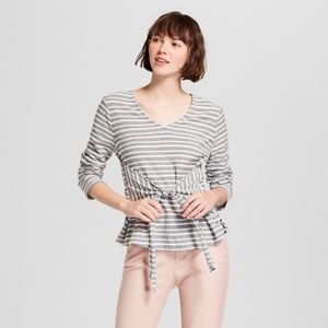 A New Day Gray & White Striped Tie Front Top